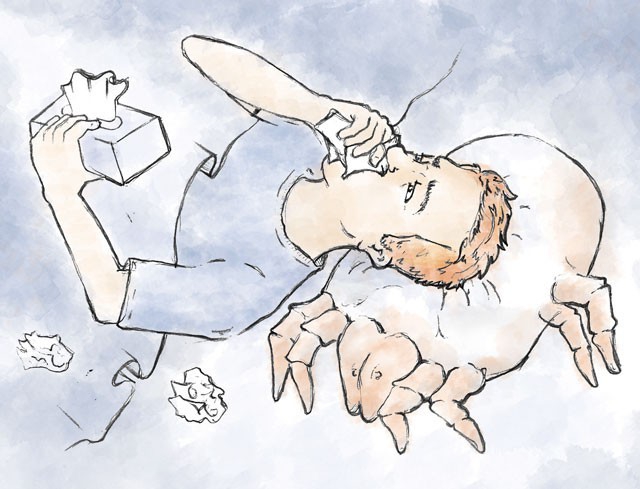 рисунок мужчина держит салфетку у рта и лежит головой на пылевом клеще