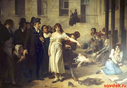 Тони Робер-Флёри Филипп Пинель освобождает душевнобольных от цепей в больнице Сальпетриер в Париже в 1795 году.